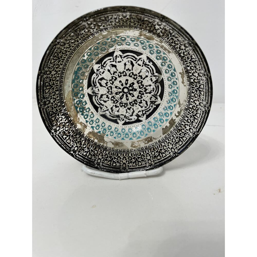 Turkish Art Glass Silver Bowl Reverse Hand-Painted Turquoise 6.5" Round